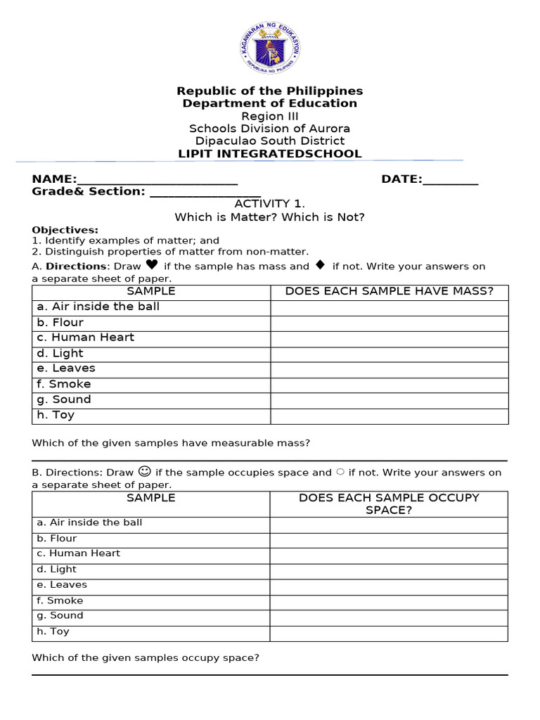 Matter vs Non-Matter Activity Guide | PDF