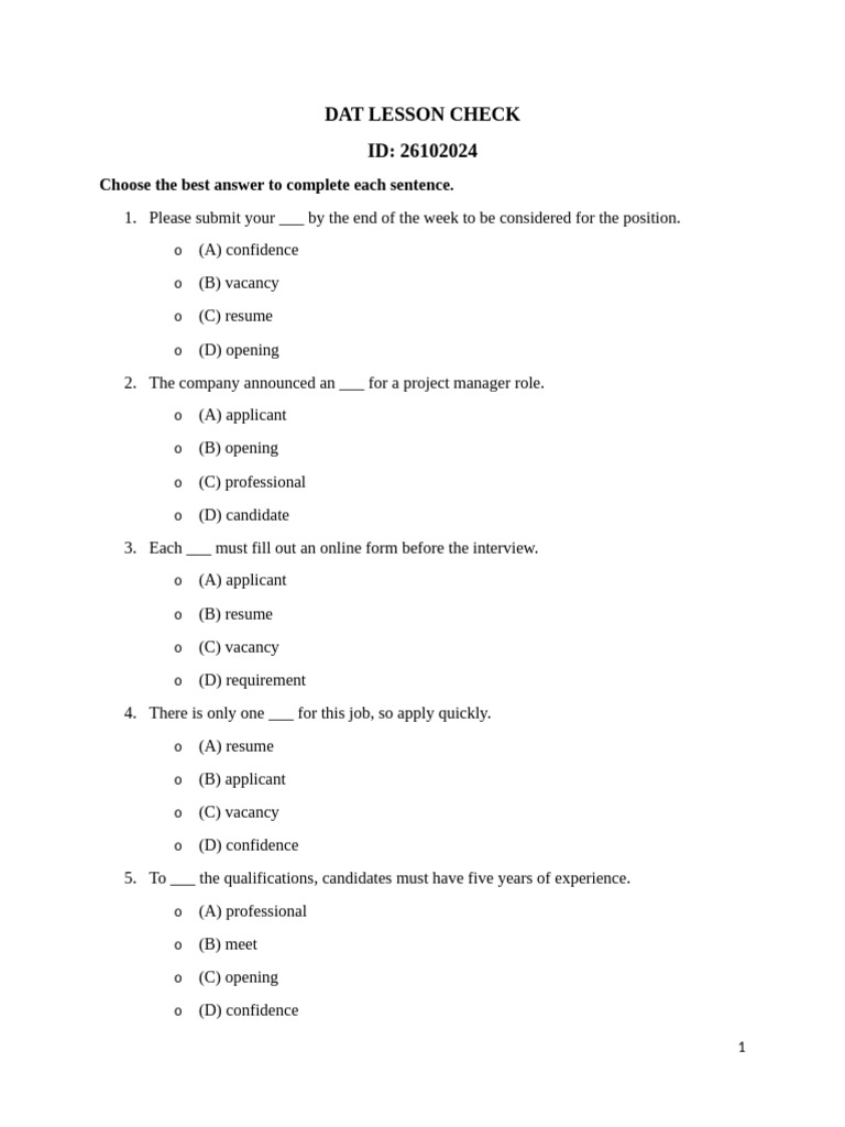 DAT Lesson Check: Job Application Quiz | PDF | Résumé