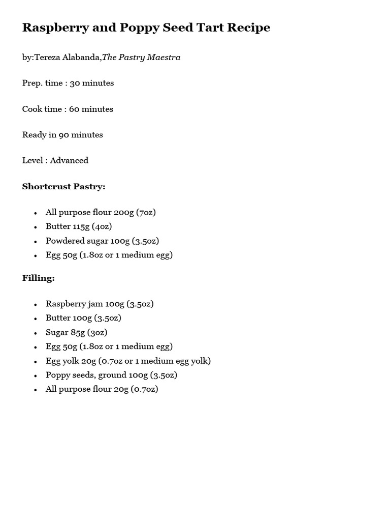 Raspberry Poppy Seed Tart Recipe | PDF