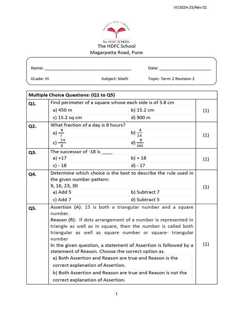 Grade 6 Maths Term 2 Revision Quiz | PDF | Elementary Mathematics ...
