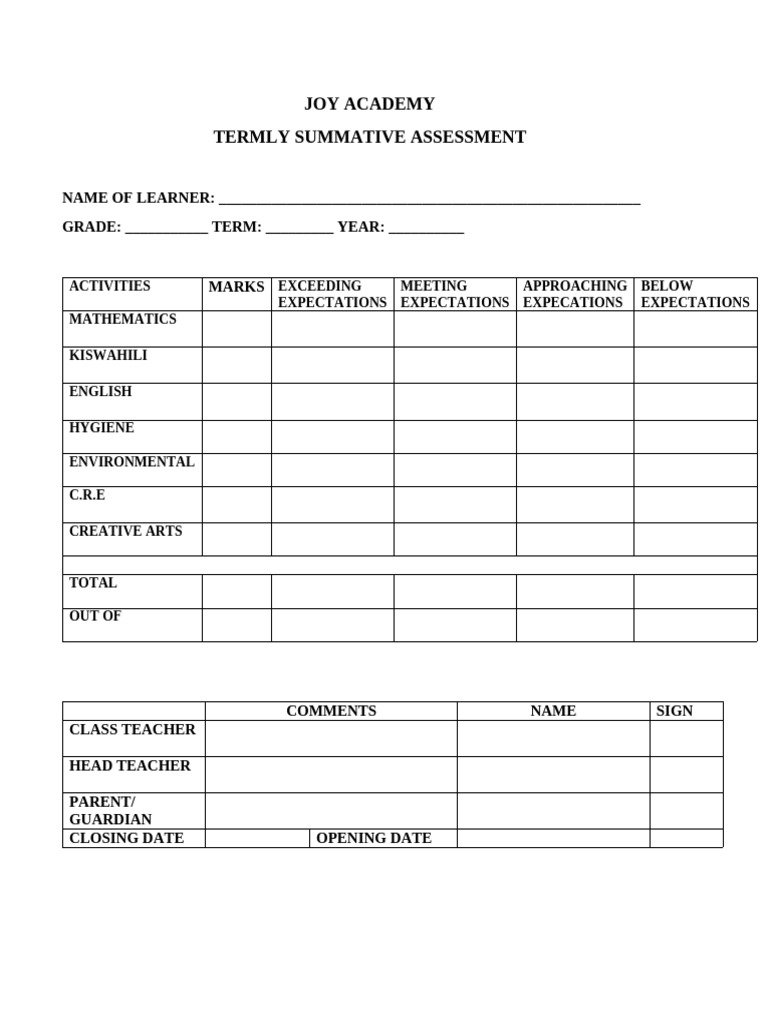 Joy Academy Termly Assessment Report | PDF