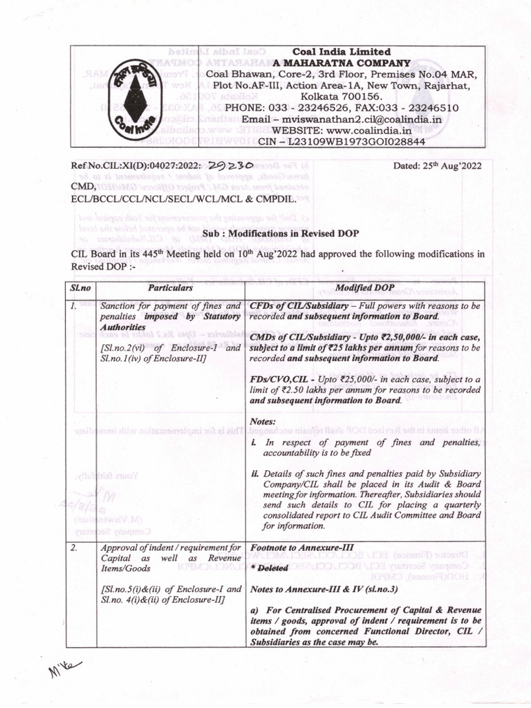 Modification in Revised Dop (Footnote Annexture Iii - Deleted) | PDF