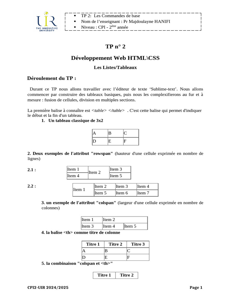 Tableaux HTML/CSS : TP Débutant | PDF | Langage de balisage ...