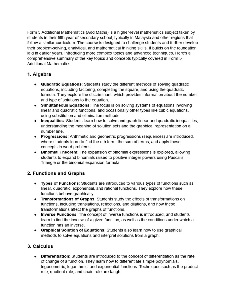 Form 5 Additional Mathematics Overview | PDF | Trigonometric Functions ...