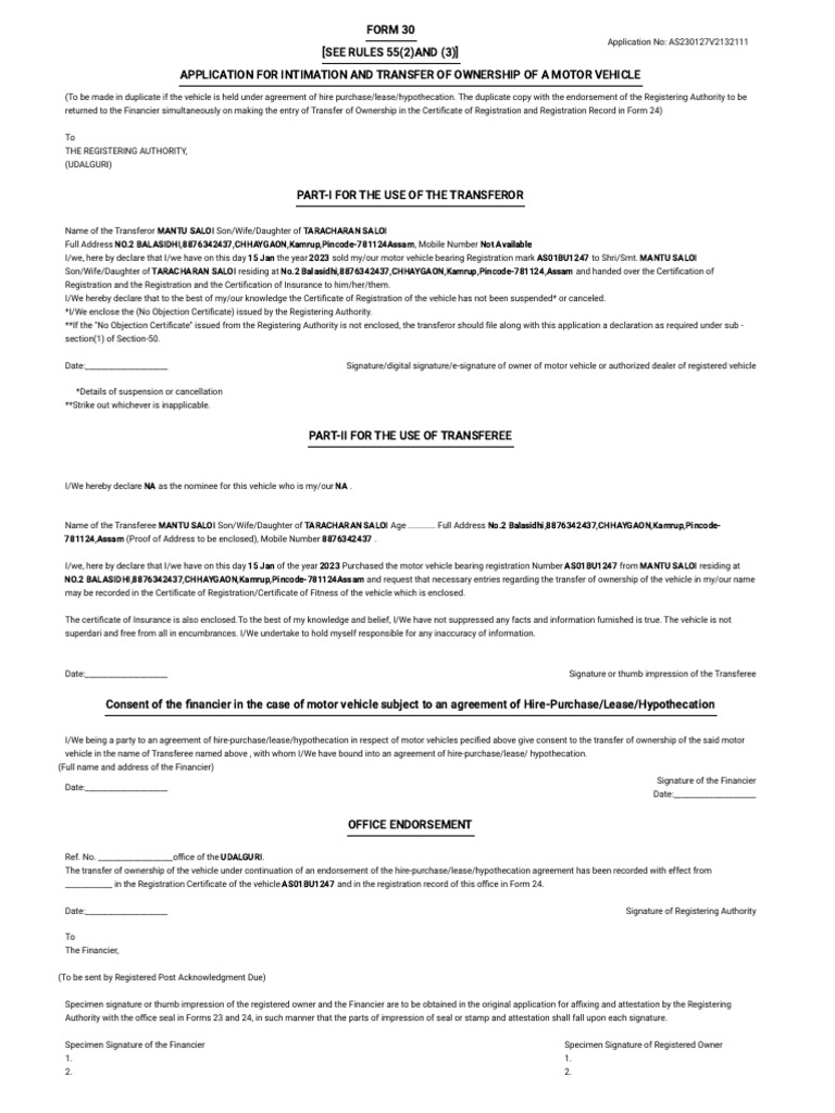 Motor Vehicle Ownership Transfer Application | PDF | Common Law ...