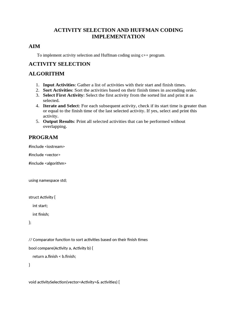 ACTIVITY SELECTION AND HUFFMAN CODING IMPLEMENTATION | PDF | Computer ...