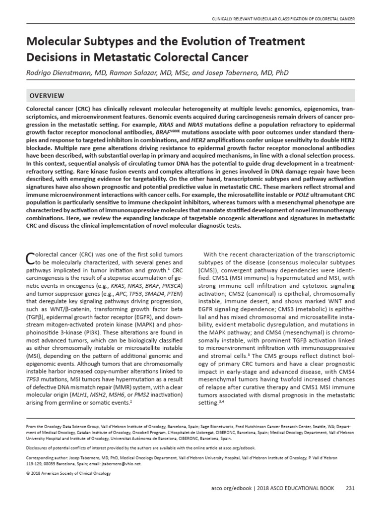 Dienstmann Et Al 2018 Molecular Subtypes and The Evolution of Treatment ...