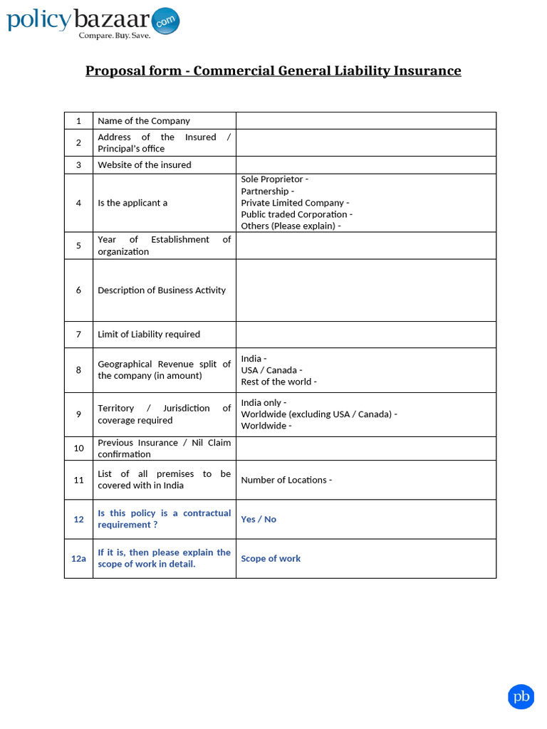 CGL Insurance Proposal Form | PDF