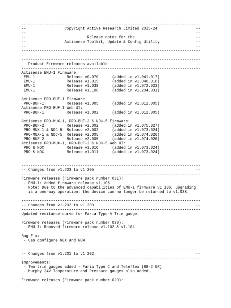 Actisense Toolkit v1.205.031 Release Notes | PDF | Software Bug | Computing