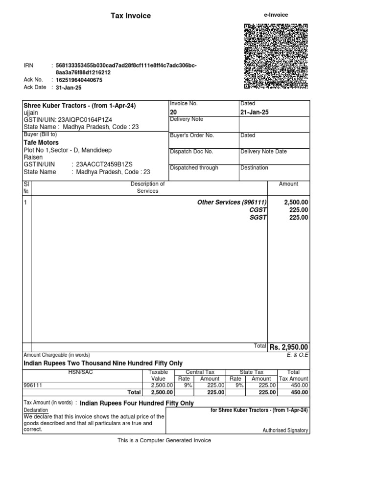 Tax Invoice for Shree Kuber Tractors | PDF | Public Finance | Economy ...