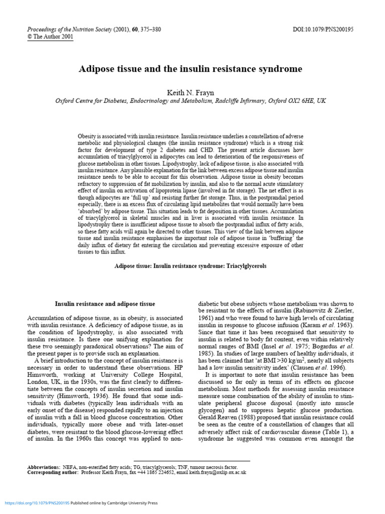 Adipose Tissue and The Insulin Resistance Syndrome | PDF | Insulin ...