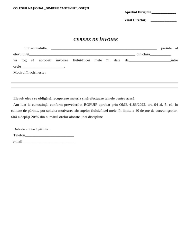 Cerere Invoire Pentru Părinți | PDF
