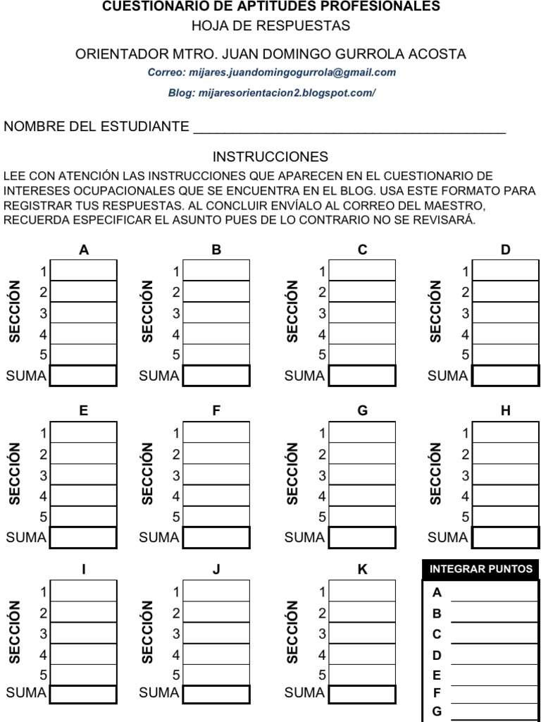 Test Aptitudes Profesionales Hoja de Respuestas