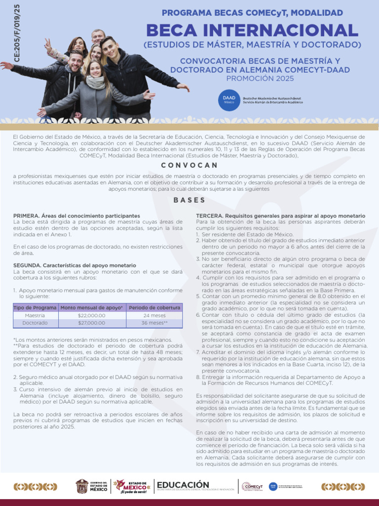 Convocatoria Becas COMECyT 2025 Alemania | PDF | Titulo academico ...