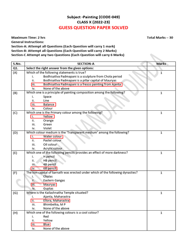 Class X Painting Guess Paper 2022-23 | PDF | Paintings