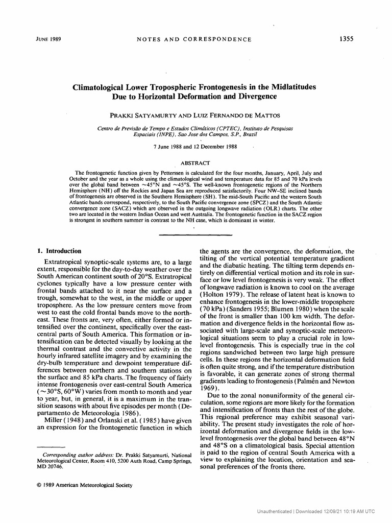 Climatological Lower Tropospheric Frontogenesis in The | PDF