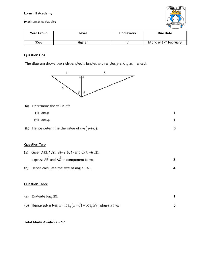 Lornshill Academy Higher Math Homework | PDF