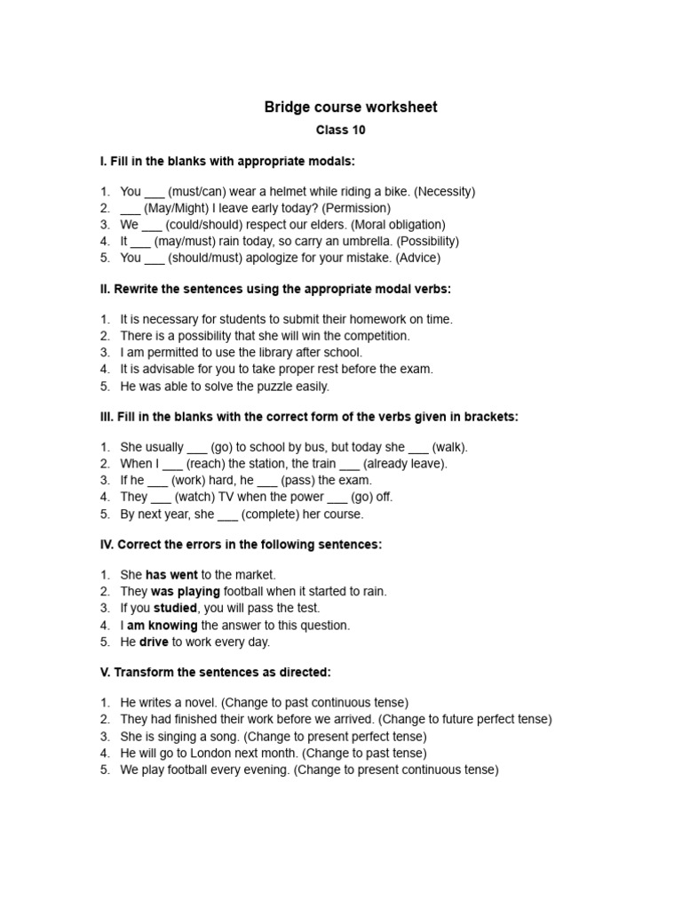 Bridge Course Worksheet Class 10 | PDF