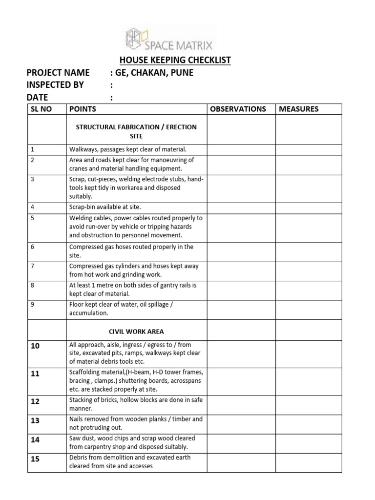 house keeping checklist | PDF | Scaffolding | Manufactured Goods