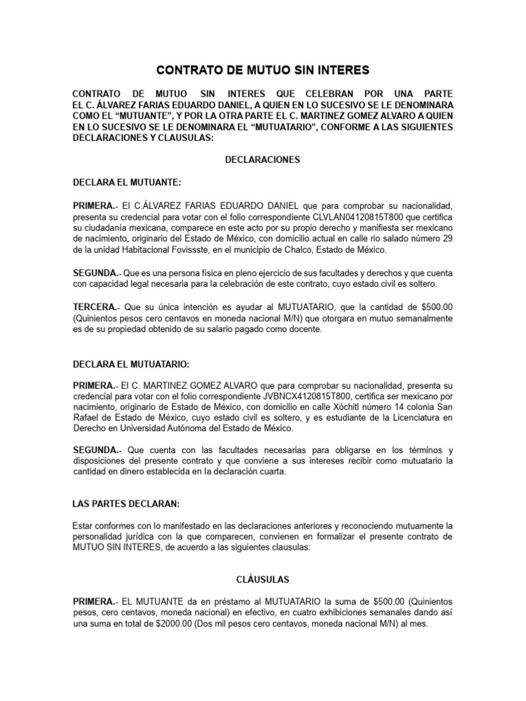 Ejemplo de Contrato de Mutuo Sin Interés | PDF