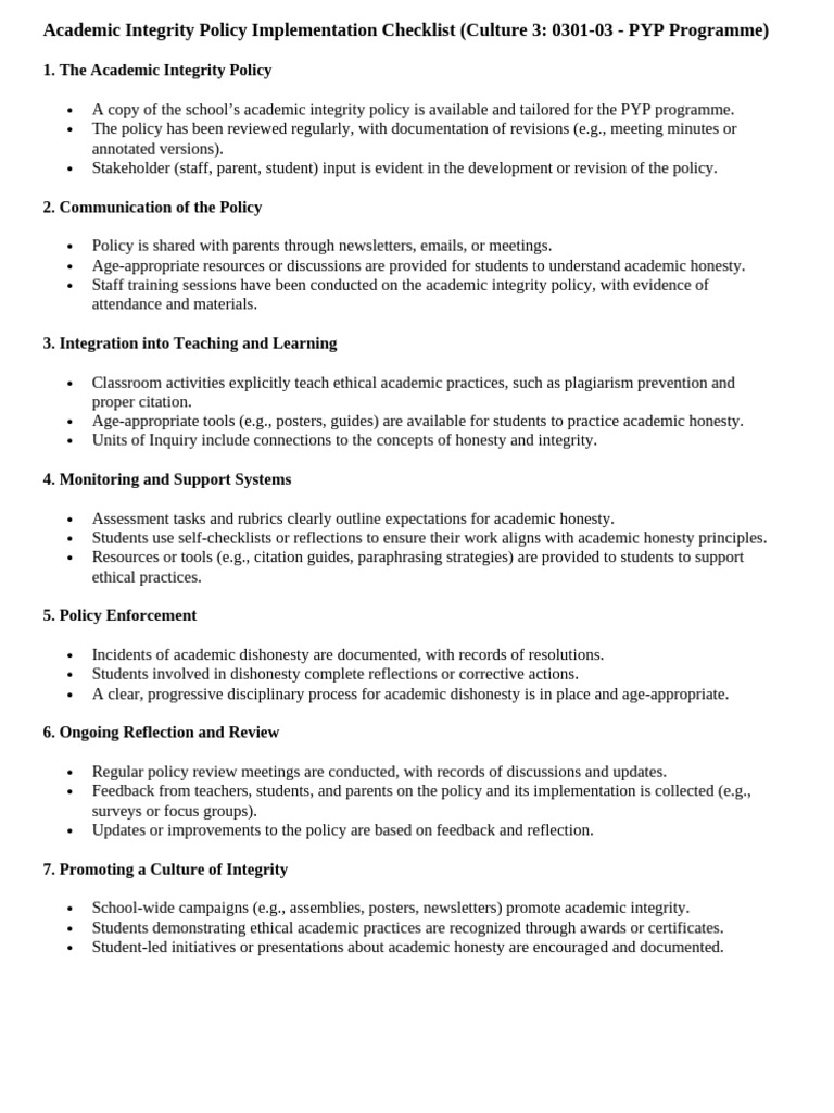 PYP Academic Integrity Policy Checklist | PDF | Academic Integrity ...
