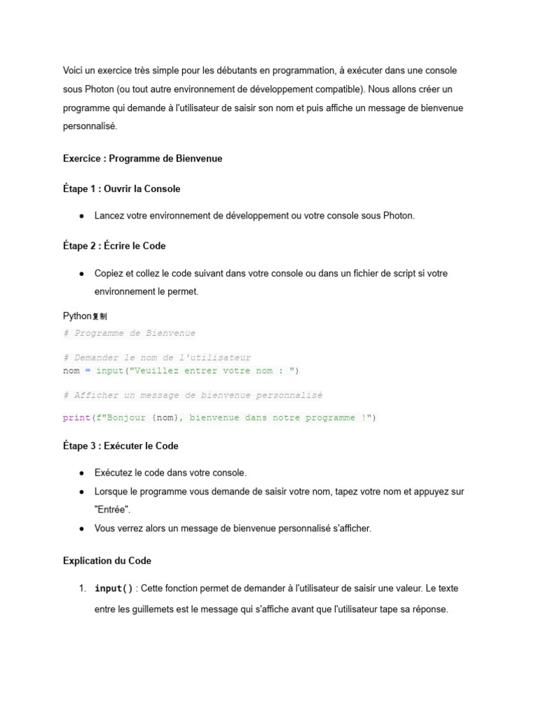 Exercice de Programmation : Bienvenue | PDF