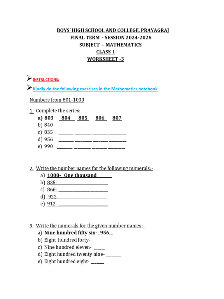 Class 1 Mathematics Worksheet 2024-25 | PDF | Mathematics