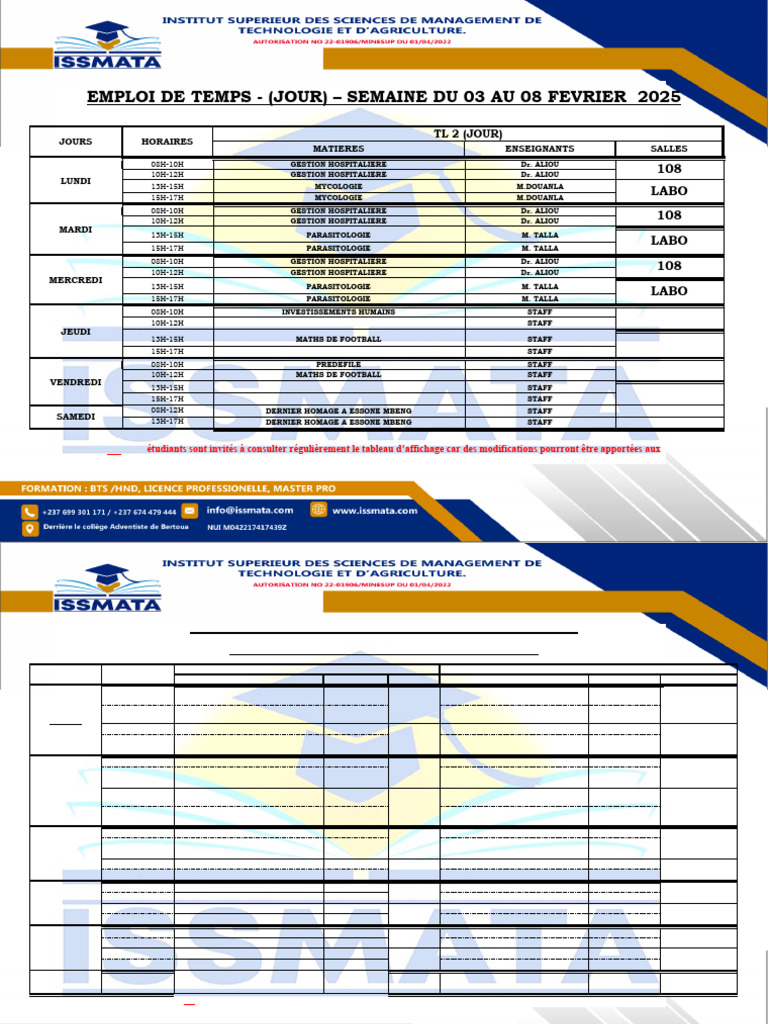 Emploi Du Temps Du 03 Au 08 Fevrier 2025 | PDF