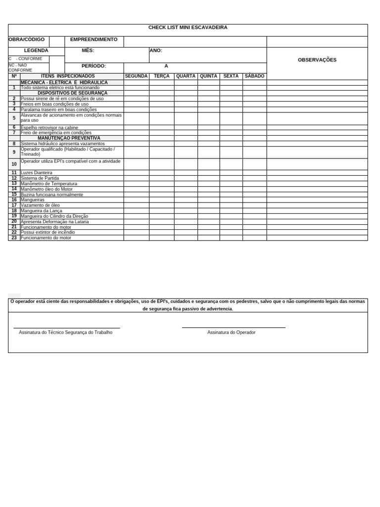 Check List Mini Escavadeira | PDF | Motores