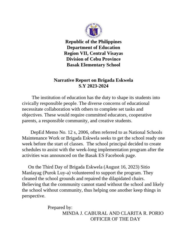 Brigada Eskwela Narrative Report 2023-2024 | PDF
