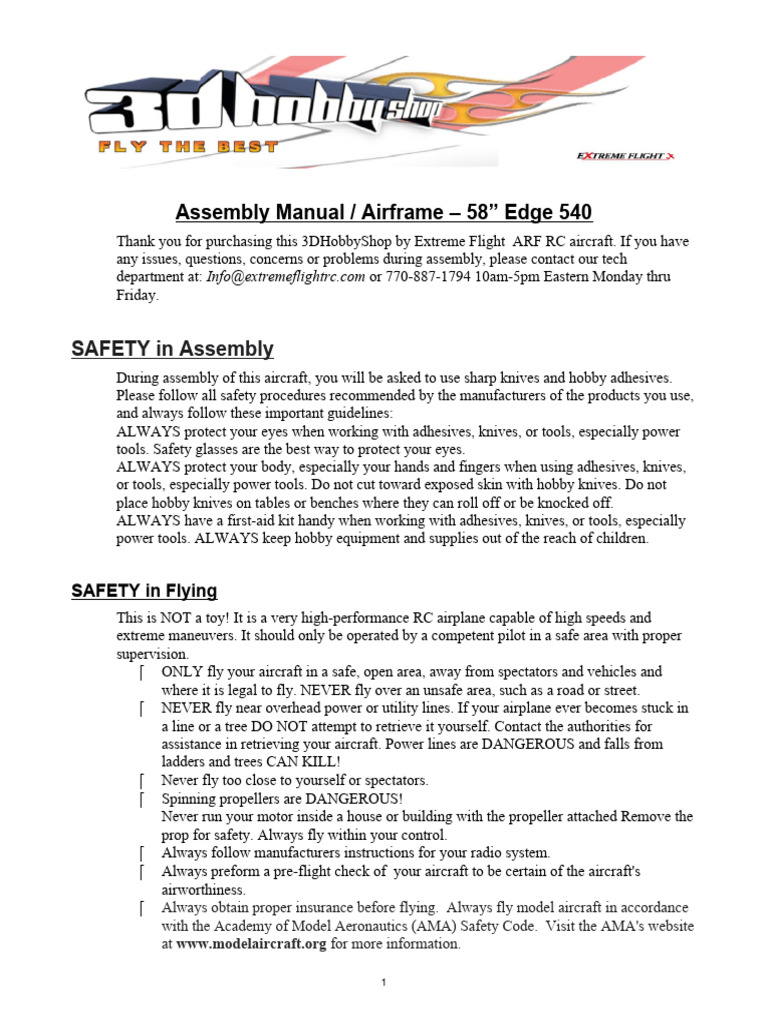 58” Edge 540 Assembly Manual Guide | PDF | Rudder | Electrical Connector