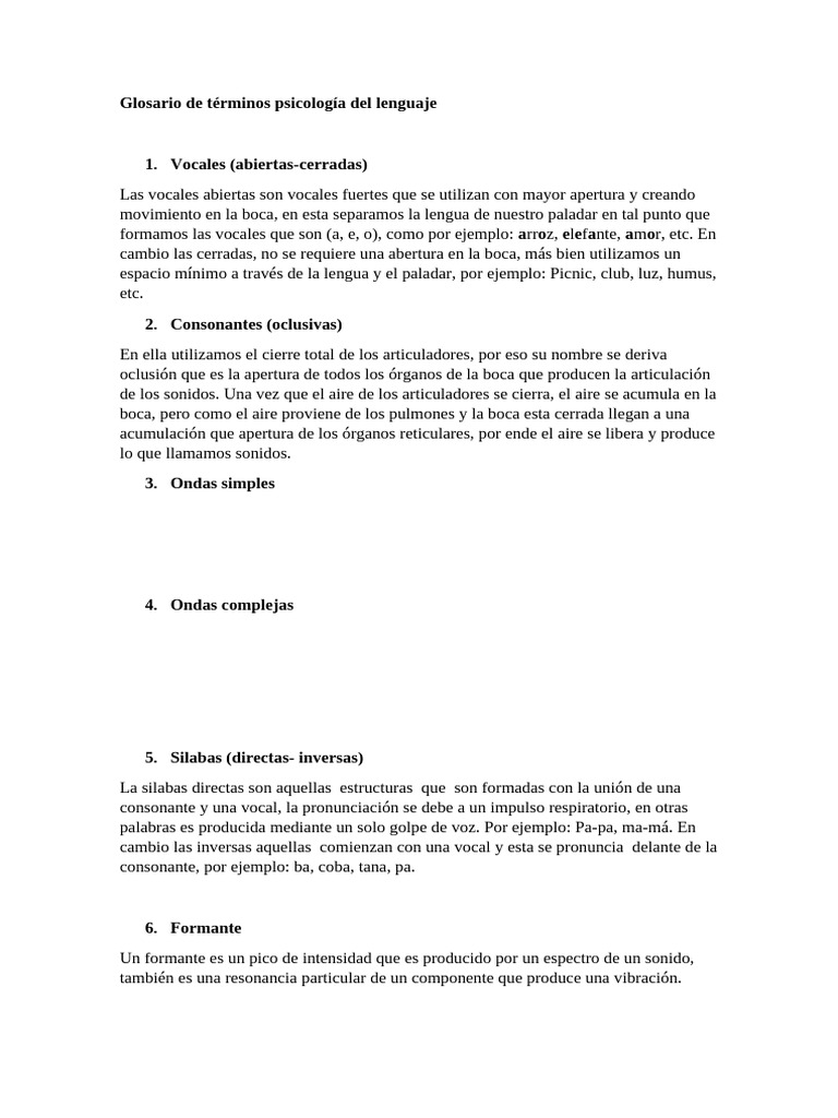 Glosario de términos de psicología del lenguaje | PDF | Vocal | Fonética