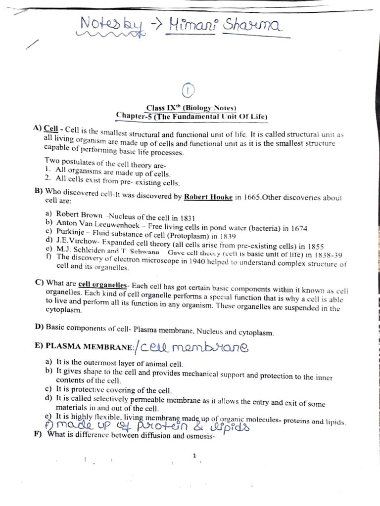 Biology Notes for Class 9 Students | PDF | Osmosis | Cell (Biology)