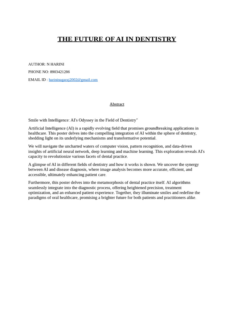 THE FUTURE OF AI IN DENTISTRY - Abstract (N HARINI) | PDF