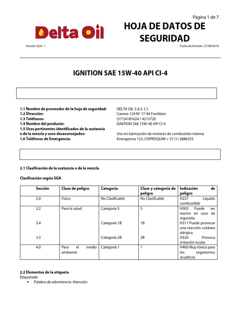 Hoja de Seguridad Ignition SAE 15W-40 | PDF | Agua | Residuos