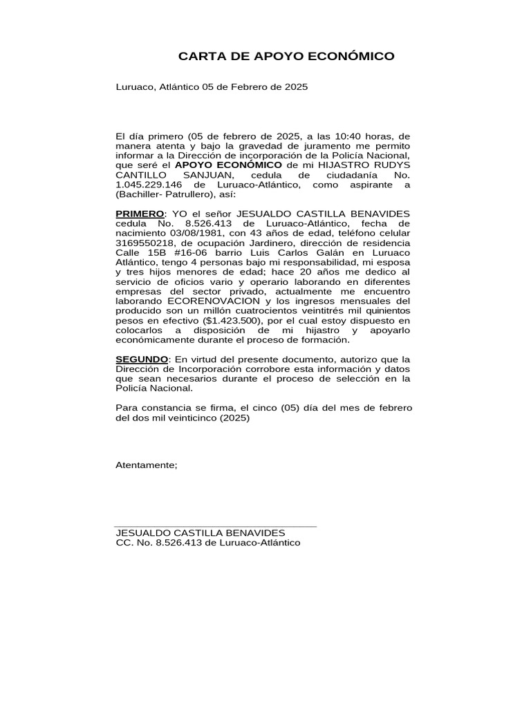 Carta de Sostenimiento Económico | PDF