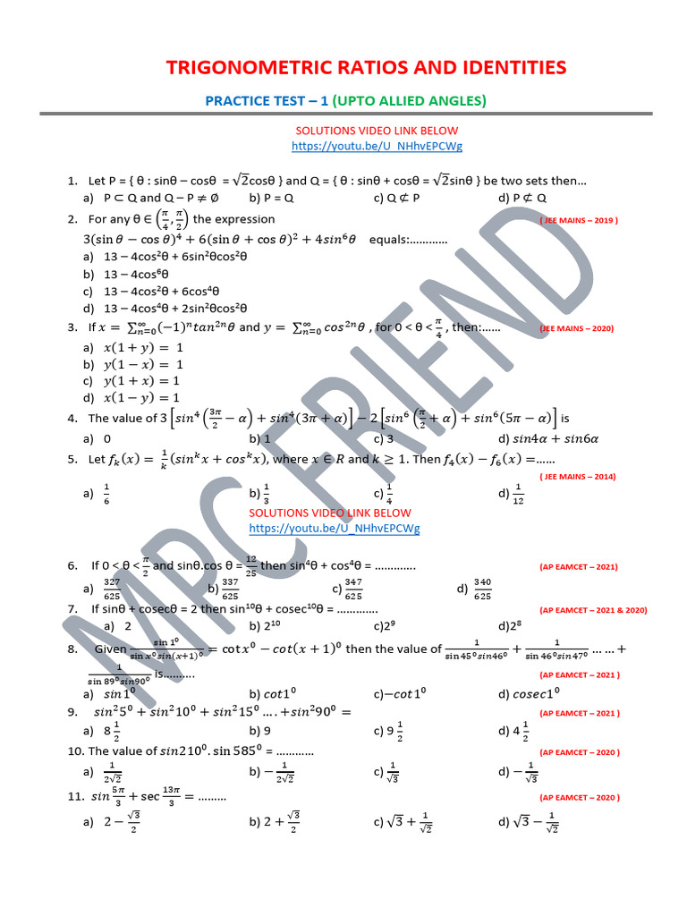 Trigonometric Ratios Practice Test | PDF | Trigonometry | Elementary ...