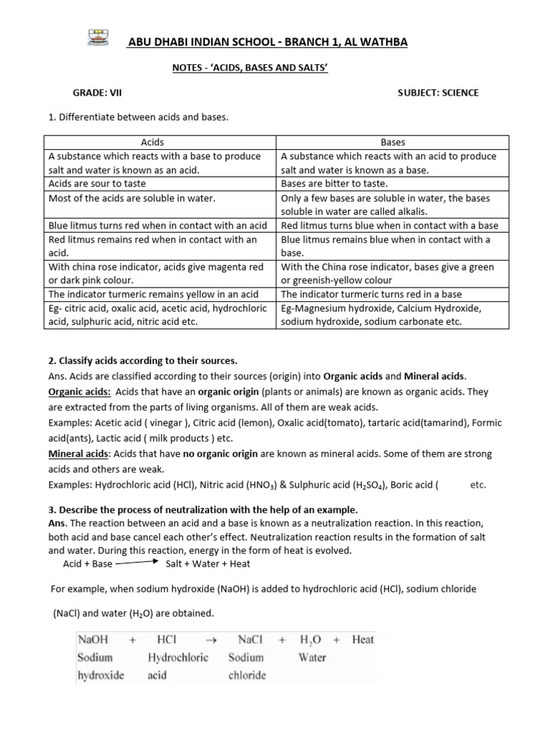 Acids, Bases, and Salts: Grade VII Science Notes | PDF | Acid ...
