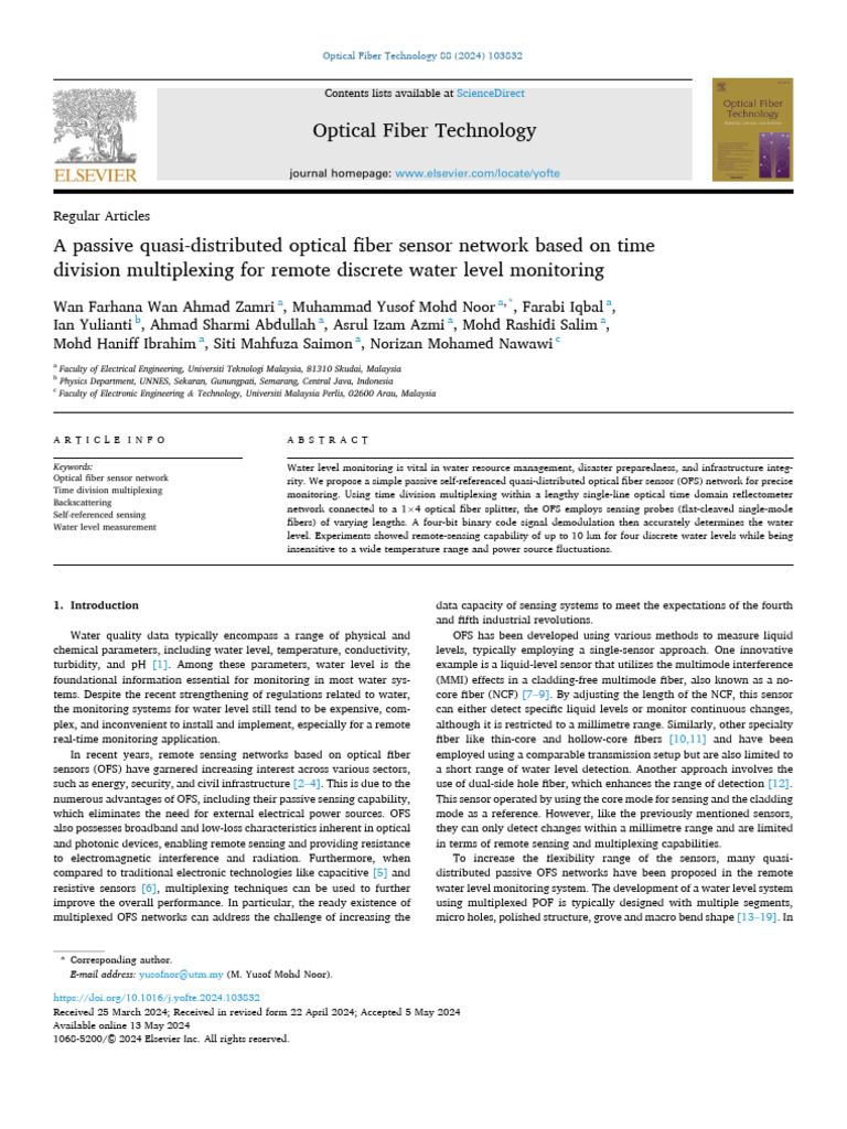 Optical Fiber Sensor for Water Level Monitoring | PDF | Wavelength ...