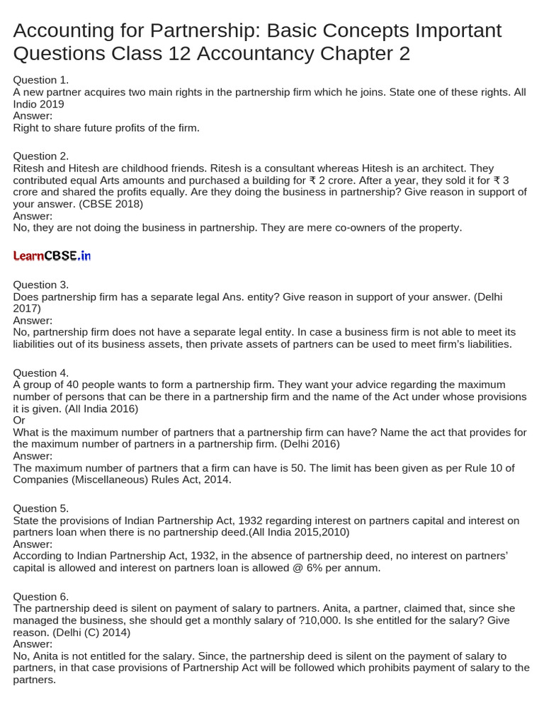 Basic Concepts Important Questions Class 12 Accountancy Chapter Pdf