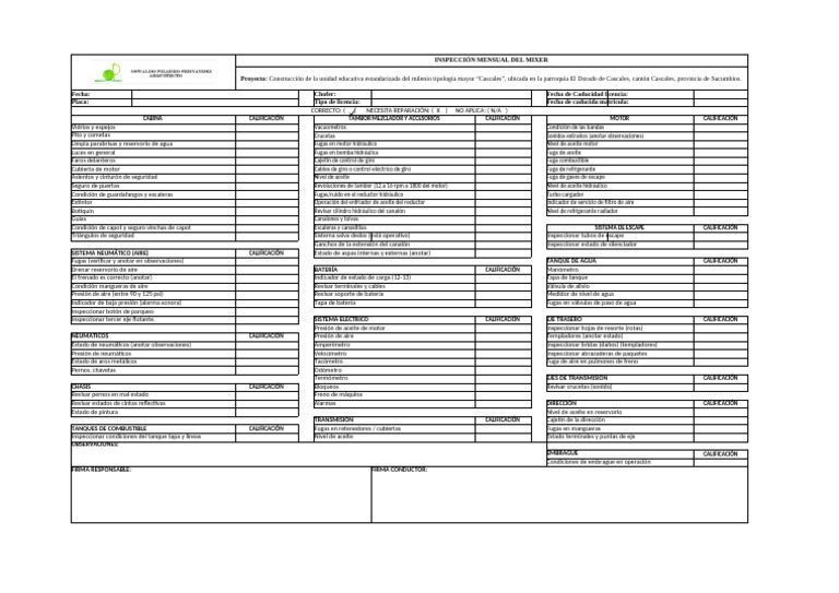 Inspección Mensual de Mixer: Checklist Completo | PDF | Presión | Embrague