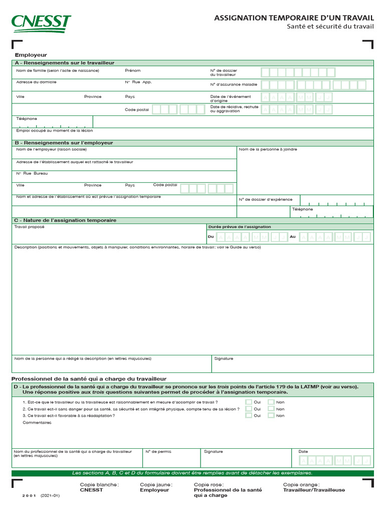 Formulaire d'Assignation Temporaire CNESST | PDF | Professionnel de la ...