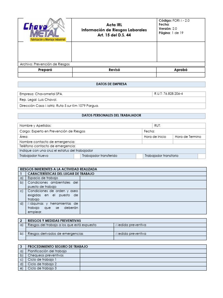 Formato IRL D.S. 44 para Prevención de Riesgos | PDF | Seguridad y ...