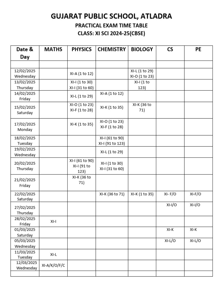 XI-All. Practical Time Table 2024-25 | PDF