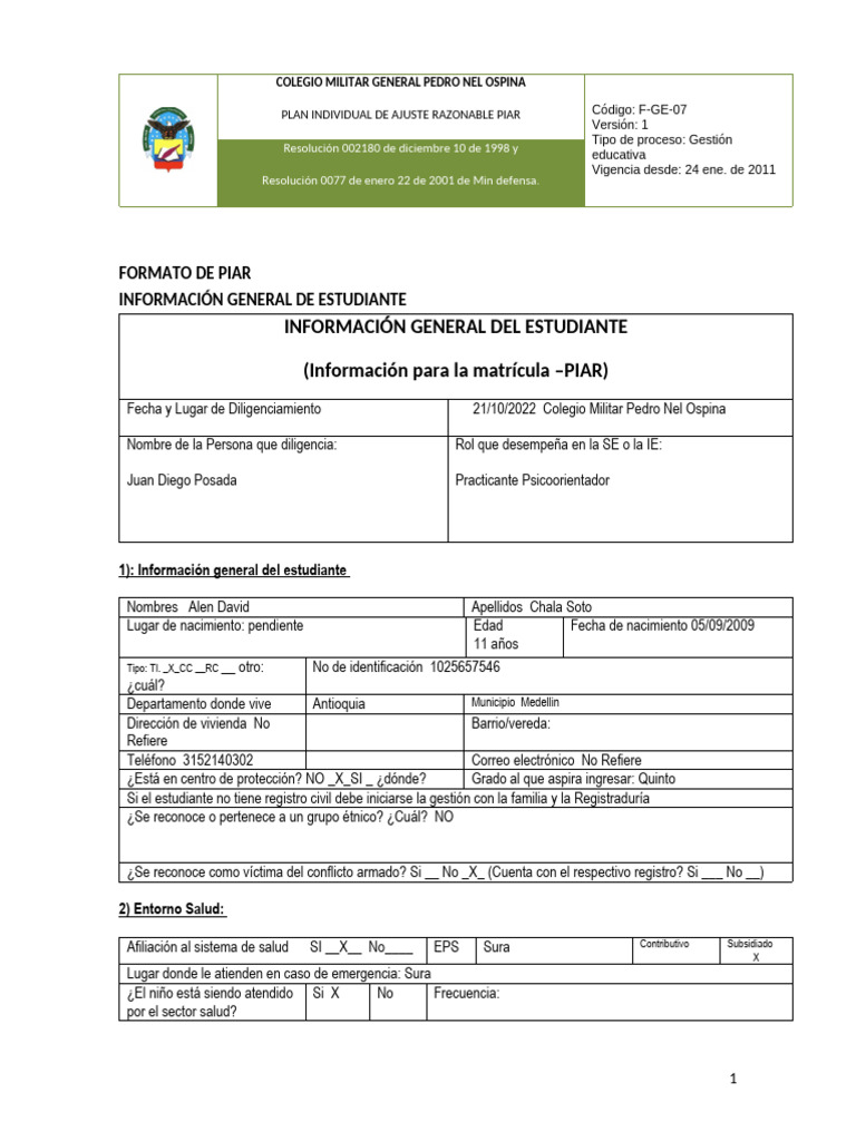 Formato-Piar - (1) Alen David Soto | PDF | Educación de la primera ...