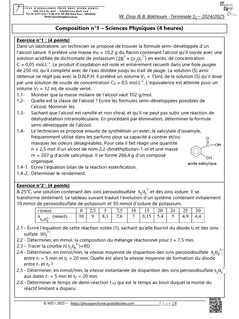 Exercice de Sciences Physiques Terminale S2 | PDF | Centre d'inertie | Mars
