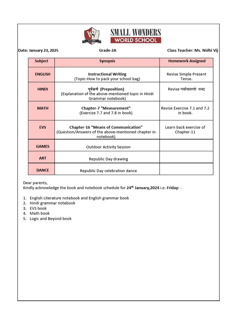 Grade 2A Homework Schedule for Parents | PDF