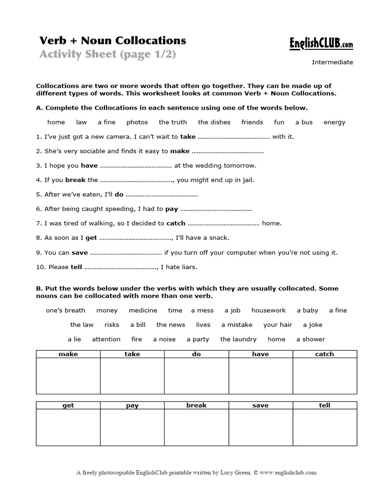 Verb + Noun Collocations Worksheet | PDF | Semantic Units | Language ...