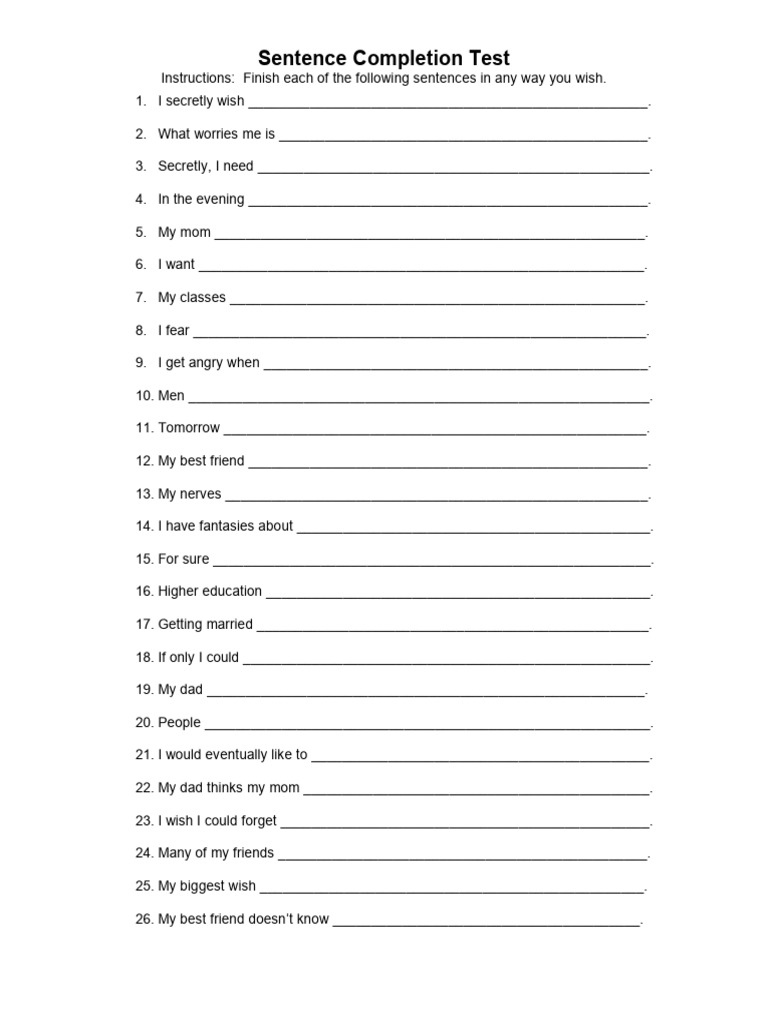 Sentence Completion Test Prompts | PDF