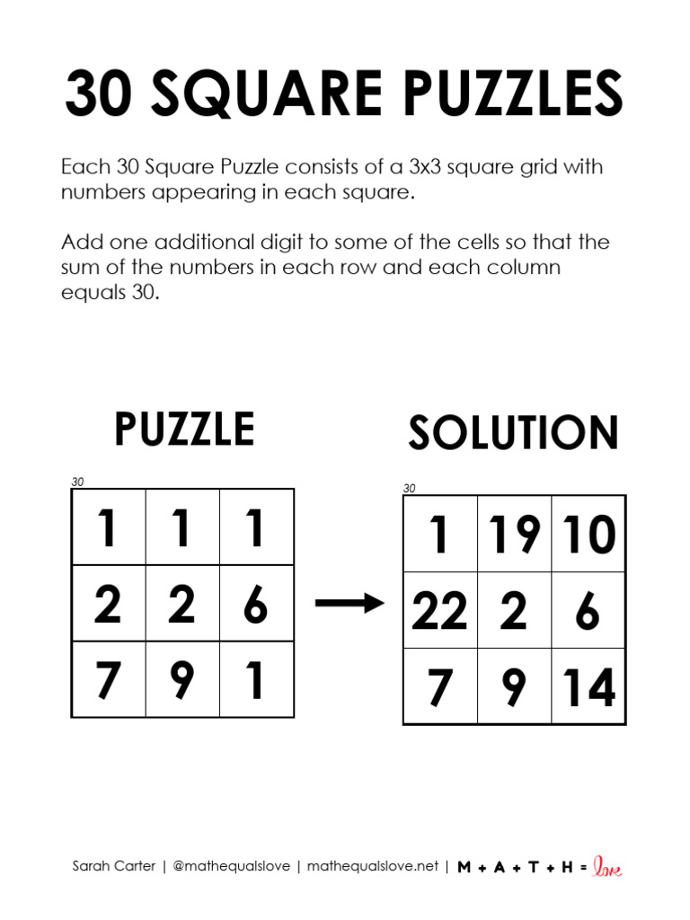 30 Square Puzzles for Math Enthusiasts | PDF | Recreational Mathematics